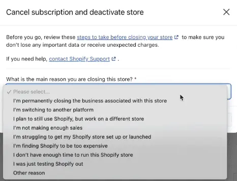 cancel subscription and deactivate store
